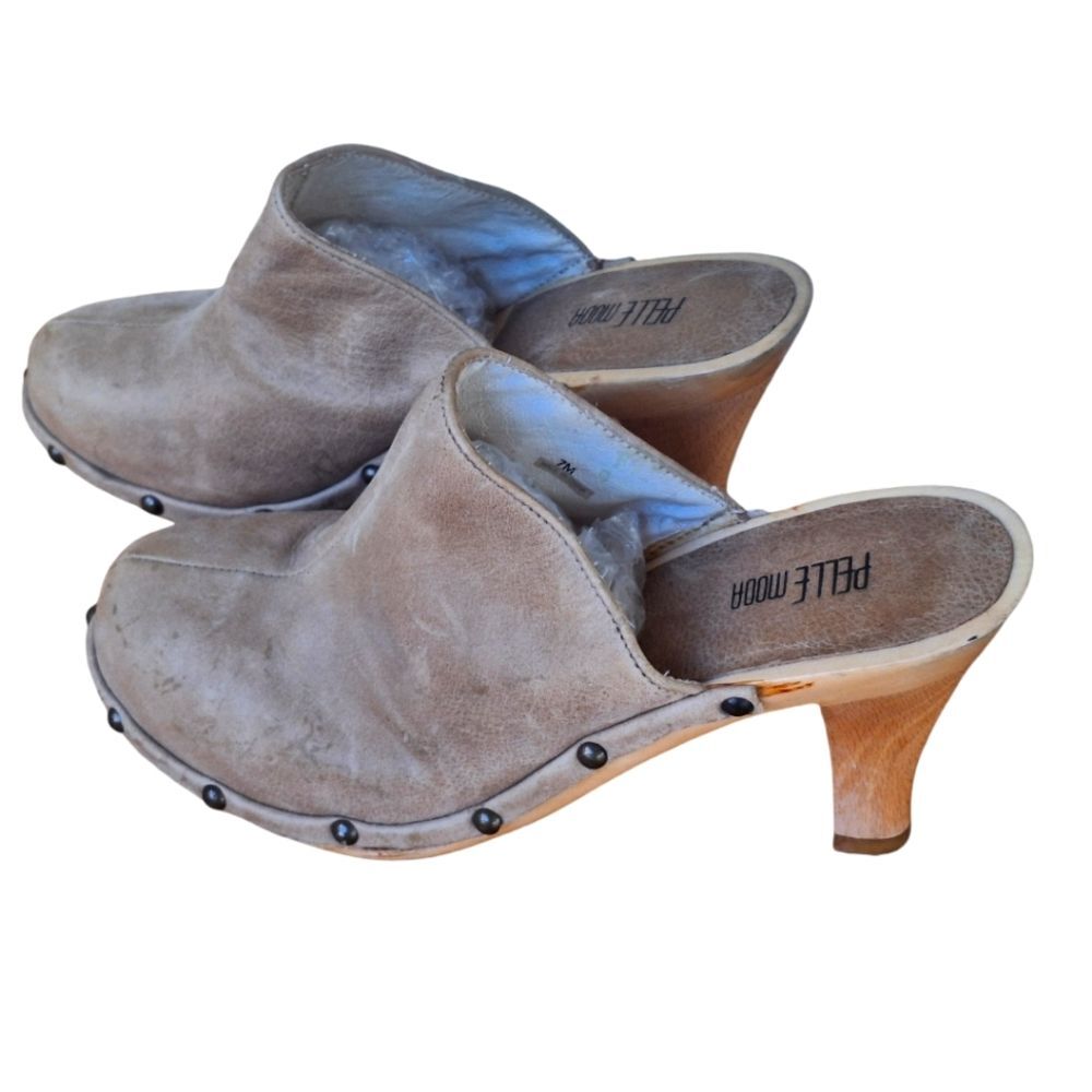 Leather and Wood Clogs Studded Hippie Boho festival Heeled Platform Mules 7M Tan